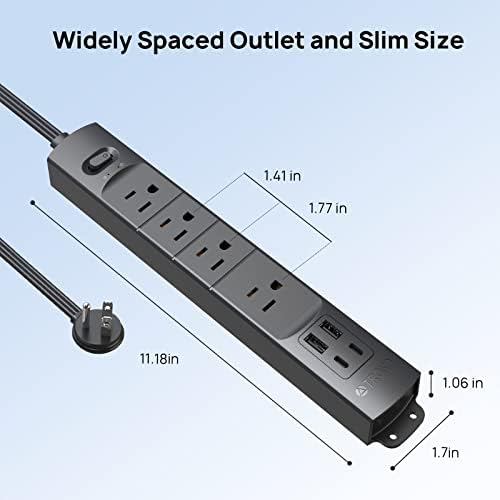 Ultra-Slim TROND Surge Protector Power Strip with 3 USB Ports & Type C – 4 AC Outlets for Maximum Device Protection & Charging Speed – 1440 J Surge Defense, ETL Listed, Space-Saving Wall Mount Design for Home Office & Dorm Use – Versatile Power Management Solution in Elegant Black