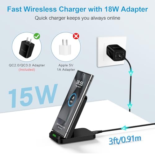 15 W Fast Wireless Charging Stand for Google Pixel 9 Pro & Samsung Galaxy Devices – Anti-Slip, Case-Friendly Dock with 18 W QC3.0 Adapter – Dual-Coil Design for Vertical & Horizontal Charging – Safe, Reliable Power Station with Multiple Protection Features – Ideal for Pixel 9 Pro XL, Fold, 8 Pro, 7 Series & More – Quick Charge for i Phone 16 & Moto G Stylus 5 G – Enhance Your Charging Experience with High-Speed Performance and Versatile Compatibility – Perfect for Home or Office Use