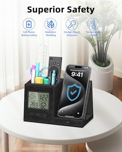 Multi-Functional Desk Organizer with Wireless Charging, Digital Thermometer & Humidity Monitor – Stylish Brown Pen Holder for Home Office Efficiency and Clutter-Free Workspace
