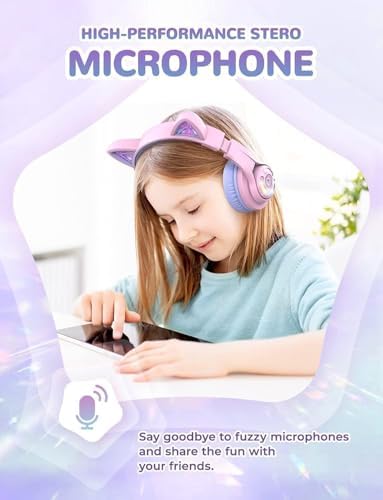 Magical Cat Ear Bluetooth Headphones for Kids – Mesmerizing Gradient Pink with LED Glow, 50-Hour Battery Life, Safe 74/85 d BA Volume Limiting, Superior Bluetooth 5.2 Connectivity & Rapid USB-C Charging for Ultimate Travel Convenience and Enjoyment