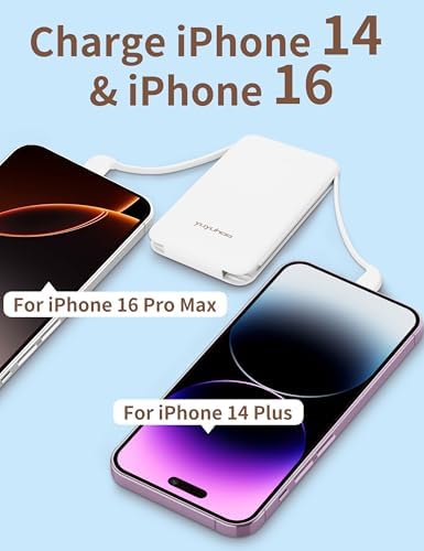 Ultra-Slim 5000 m Ah Power Bank with Built-In USB-C Cables – Dual Charging External Battery Pack for i Phone & Android – Lightweight Travel Companion in Black & Pink – Effortless Portability and Enhanced Device Compatibility