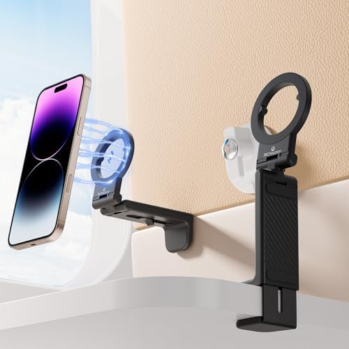 PROfezzion Magnetic Airplane Phone Holder for MagSafe, iPhone 16, 15, 14, 13, 12 & All Phones, Handsfree Phone Mount for Seat Tray Table, Pocket Size Travel Essentials Must Have Accessories for Flying – Enhanced Compatibility and Speed