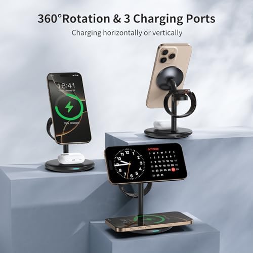 Revolutionary 3-in-1 Aluminum Wireless Charging Station for Apple Devices – Fast 15 W Mag Safe Charger for i Phone 16/15/14/13/12, Dedicated Charging Dock for Apple Watch & Air Pods with 20 W Adapter – Streamlined Design for Effortless Organization and Enhanced Device Longevity