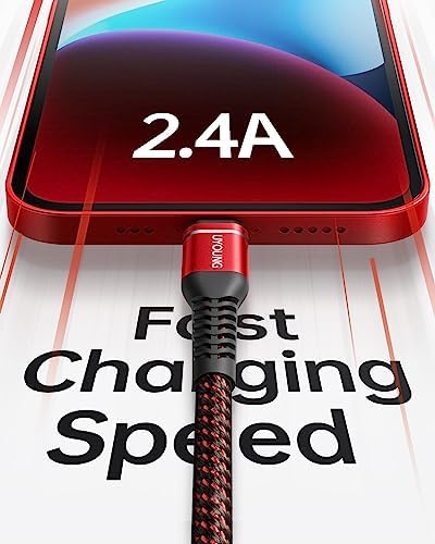 Heavy-Duty UYOUNG i Phone Charger Cable 3 Pack – 6 FT MFi Certified Nylon Braided USB to Lightning Fast Charging Cords for i Phone 14/13/12/11/SE/X/XS/XR/8/7/6/6 S & i Pad – Durable, Tangle-Free Charging Solution in Vibrant Red for Ultimate Convenience and Performance