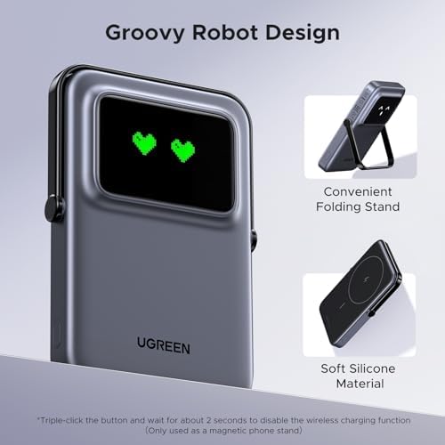 UGREEN Uno Magnetic Power Bank – 5000 m Ah Wireless Charger with 20 W Fast Charging, Foldable Stand & TFT Display for i Phone 16/15/14/13/12 Series – Ultimate On-the-Go Power Solution in Sleek Black Design