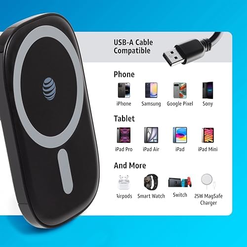 AT&T Professional Qi-Certified Magnetic Car Charger Mount – Fast Wireless Charging for All Qi Devices, Case-Friendly & Secure Magnetic Design, Sleek Black Finish for Enhanced Driving Convenience