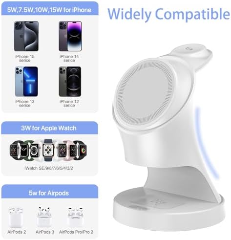 Magnetic 3-in-1 Wireless Charger Stand for i Phone 16/15/14/13/12, Apple Watch & Air Pods Pro – Fast Charging Dock with Intelligent Safety Features and Sleek Design for Effortless Device Organization
