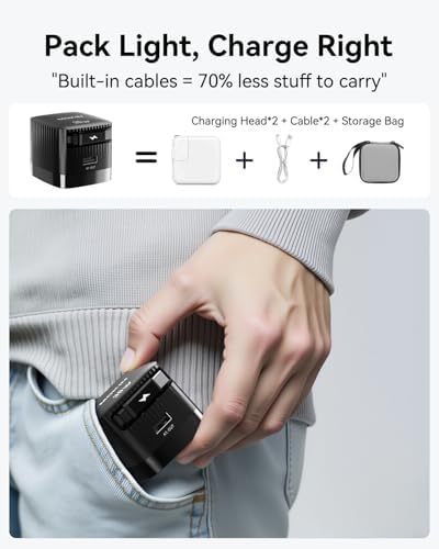 Revolutionary 30 W USB-C Charger Block with Dual Ports – Fast Charging Solution Featuring Retractable Cable & Foldable Plug for Ultimate Portability – Ideal Travel Companion for i Phone 16 Pro Max, Pixel 9 Pro, Galaxy, i Pad & Mac Book – Enhanced PD/PPS Compatibility for Rapid Power Delivery