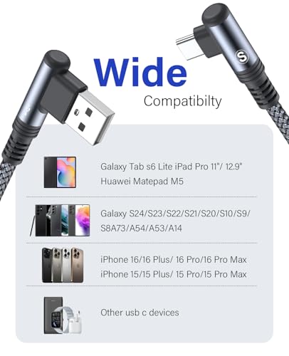 Sweguard 6.6 ft Fast Charging USB to Type C Cable – 2-Pack with 90-Degree Angled Connectors for Enhanced Comfort and Durability – Ideal for i Phone 16, Samsung Galaxy S Series, and Universal Compatibility – Perfect for Home, Office, and Travel Use