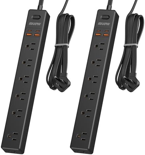 Dual Pack Surge Protector Power Strip with 7 Outlets & 4 USB Ports (2 USB-C) – 6 Ft Flat Plug Extension Cord for Ultimate Device Charging Efficiency – 1875 W/15 A, 1700 Joules Protection, Wall-Mountable for Home, Office, & Dorm Spaces – Sleek Design for Space Optimization and Safety