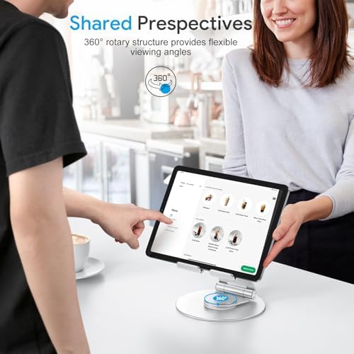 OMOTON 360-Degree Rotating Tablet Stand – Adjustable and Foldable i Pad Holder for Ultimate Versatility in Drawing and Viewing – Compatible with i Pad Pro, Air, Mini, and More – Modern Silver Design for Enhanced Workspace Aesthetics and Productivity