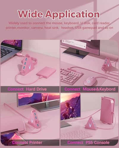 Elevate Your Connectivity with the Stylish Pink USB C Hub – 4 USB 3.0 Ports and 2 FT Extension Cables for Seamless Integration with i Pad Pro, Mac Book Pro, Surface & More – Ultimate Performance Meets Chic Design!