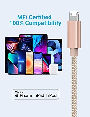Marchpower MFi Certified USB C to Lightning Charging Cable – Premium Fast Charger for i Phone 14, 13, 12 Pro Max, Mini, 11, X, XS, XR, 8 Plus – Durable Nylon Braided Design in Elegant Gold – Available in 3, 6, 10 ft Lengths for Ultimate Convenience and Style