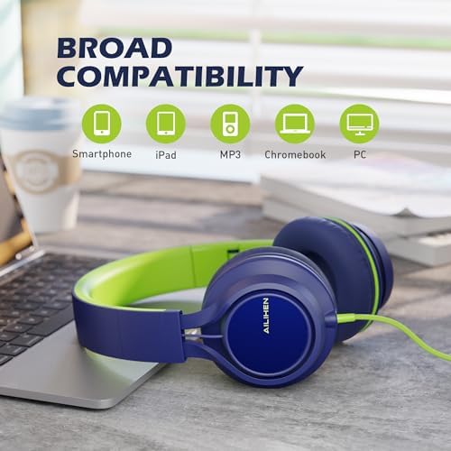 Premium AILIHEN C8 Kids Wired Headphones – Foldable On-Ear Design with Adjustable Volume Control and Built-In Microphone for Safe Listening – Perfect for School, Travel, and Home Use (Black/Blue) – Exceptional Sound Quality for Young Audiophiles and Learning Environments