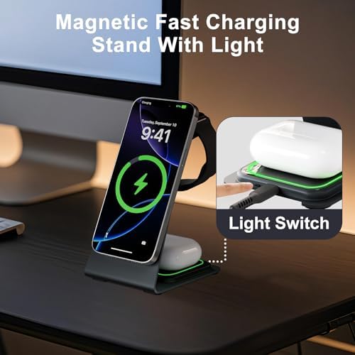 Ultimate 3-in-1 Magnetic Wireless Charging Station: Rapid 15 W Charger for i Phone 16/15/14/13/12 Pro Max, Apple Watch Ultra, and Air Pods Series – Portable Desk Dock with Adjustable Night Light for Home, Office, and Travel – Enhanced Compatibility and Safety Features
