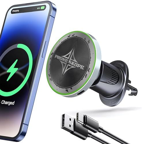 Universal Magnetic Car Vent Phone Holder by Phone Skope – 15 W Qi Fast Wireless Charging, 360° Adjustable Viewing Angle, Robust Magnetic Grip, Case-Compatible Design for Effortless Safe Driving and Hands-Free Navigation