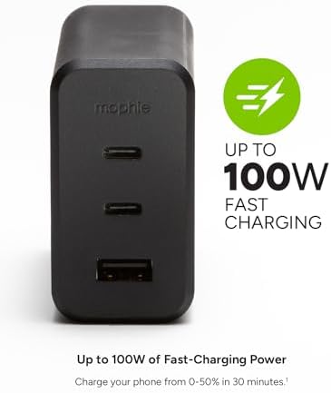 Mophie 100 W Ga N USB-C Power Adapter – Triple-Device Fast Charger for Mac Book, i Pad, i Phone, Samsung Galaxy, Google Pixel & More – Includes 1.5 m USB-C Cable – Eco-Friendly Design for Sustainable Charging on the Go