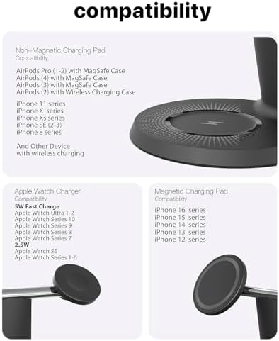 Revolutionize Your Charging Routine with Our 3-in-1 Wireless Charging Station for Apple Devices – Fast Mag Safe Charger for i Phone Models 12-16, Apple Watch, and Air Pods – Compact Design with Enhanced Stability, Overcharge Protection, and Effortless Organization