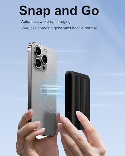 Miady Ultra-Lightweight Mag Safe-Compatible Mini Power Bank – 5000 m Ah Slim Rechargeable Charger with Strong Magnetic Attachment for i Phone 12/13/14/15/16 – Fast USB-C Recharging & Reliable Wireless Charging with Battery Level Indicators for On-the-Go Convenience