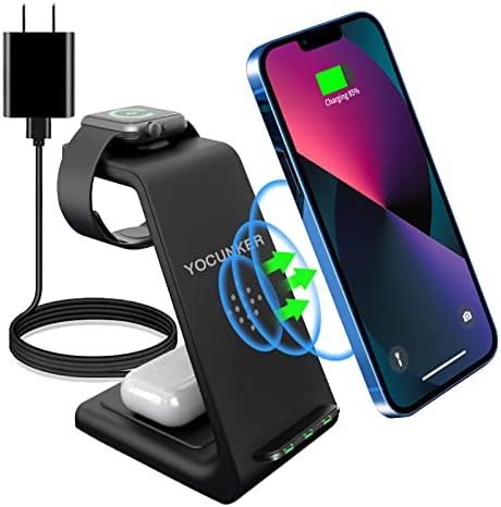 Ultimate 3-in-1 Wireless Charging Station for Apple Devices – Qi-Certified Fast Charger for i Phone 14/13/12/11/X Series, Apple Watch 7/SE/6/5/4/3/2, and Air Pods Pro – Sleek, Space-Saving Design with Adapter for Optimal Performance and Enhanced Charging Efficiency
