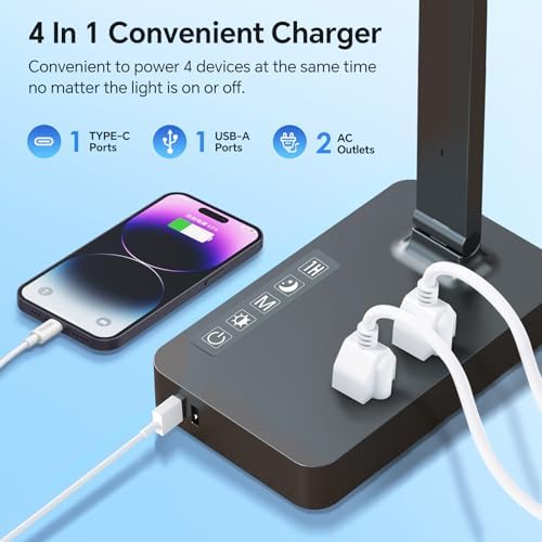 Versatile Power Strip Lamp with USB Charging: 2 AC Outlets, 1 USB-A & 1 Type-C Port, Adjustable Brightness Desk Lamp for Home Office & Dorm Room, 5 ft Extension Cord with Surge Protection for Ultimate Device Safety