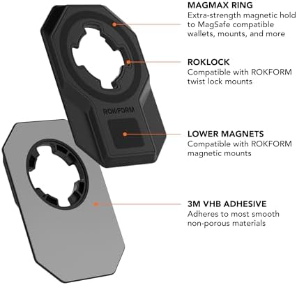 Rokform Universal Magnetic Phone Mount Adapter – Innovative Twist Lock & Mag Safe Compatible Holder with Robust 3 M VHB Adhesive for Secure Smartphone and Tablet Attachment – Sleek Black Design for Effortless Accessibility and Versatile Usage