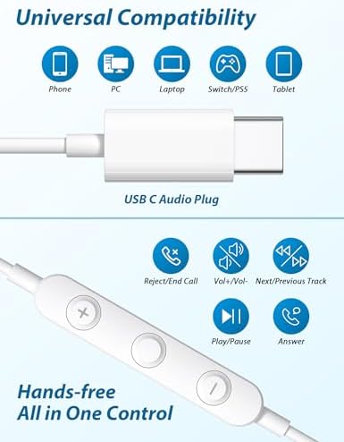 Ultra-Lightweight USB C Earbuds with Mic for Samsung Galaxy & i Phone 16 – High-Resolution Audio for Superior Sound Clarity, Tangle-Free Comfort, and Seamless Connectivity for Music and Calls