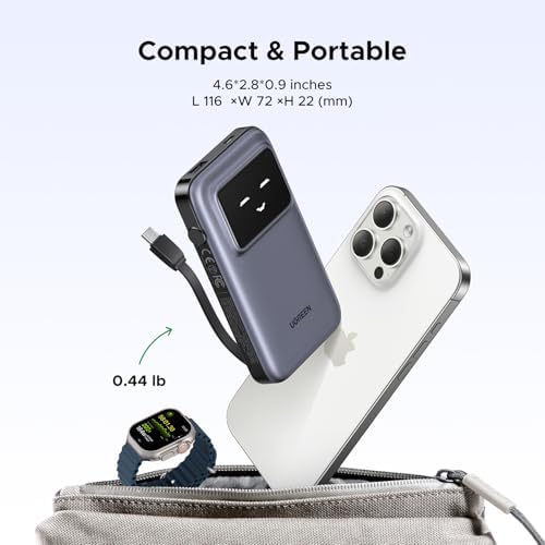 UGREEN Uno 10,000 m Ah Power Bank with Integrated USB-C Cable – PD 30 W Fast Charging Battery Pack Featuring TFT Display for i Phone 16, Galaxy S24, Pixel, i Pad & More – Ultimate Portable Charger for Enhanced Device Compatibility and Speed Efficiency