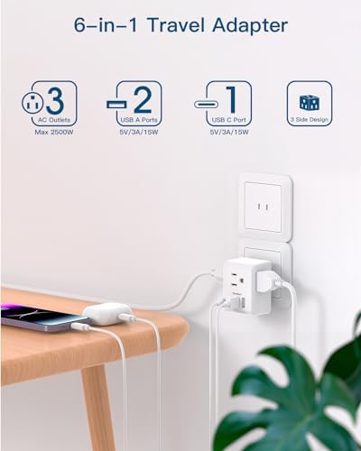 Ultimate European Travel Plug Adapter Set – Dual Pack Universal Power Converter with 3 AC Outlets and 3 USB Charging Ports (including USB-C) for Efficient Power Solutions in Italy, Spain, France, Germany, and Iceland – Essential Accessory for Global Travelers Seeking Versatile Compatibility and Rapid Charging Efficiency