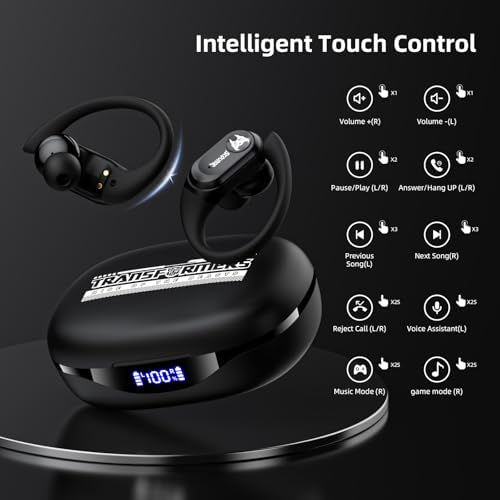 Transformers Pro Scourge Bluetooth 5.4 Earbuds – 65-Hour Playtime, IPX5 Waterproof, Deep Bass Sound, Secure Sports Earhooks, LED Battery Indicator, Versatile Device Compatibility for Unparalleled Audio Performance