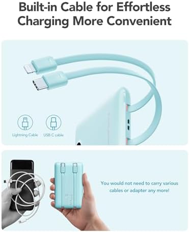 Ultra-Slim 10,000 m Ah Mini Power Bank with Built-in Cables – 22.5 W Fast Charging USB-C Battery Pack for i Phone 16/15/14 and Samsung Galaxy 24/23 – Essential Travel Charger for On-the-Go Power Needs