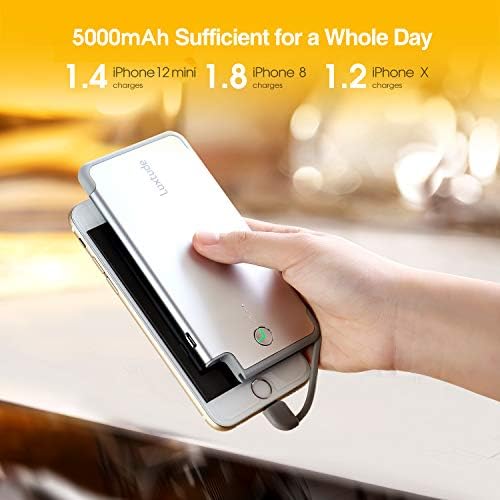 Ultra-Slim Luxtude Portable Charger with Built-in MFi Lightning Cable – 5000 m Ah Power Bank for i Phone 14, 13, 12, 11, 10 | Sleek Metal Black Design for Effortless Charging On-the-Go | Lightweight and Durable Phone Battery Pack for Everyday Use