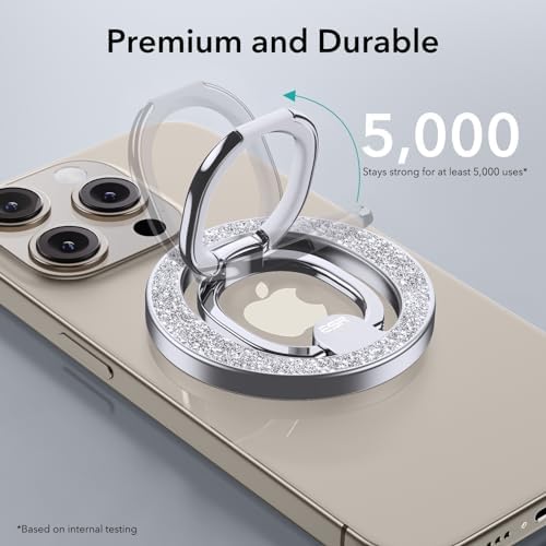 Magnetic Phone Ring Holder with 2-Way Adjustable Stand for i Phone and Galaxy – ESR Halo Lock Grip for Enhanced Stability, Secure Comfort, and Effortless Wireless Charging – Premium Zinc-Alloy Design, 1,200 g Magnetic Hold, Versatile Portrait/Landscape Viewing – Ideal for Caseless Phones and Mag Safe Cases – Black Finish for Modern Aesthetics