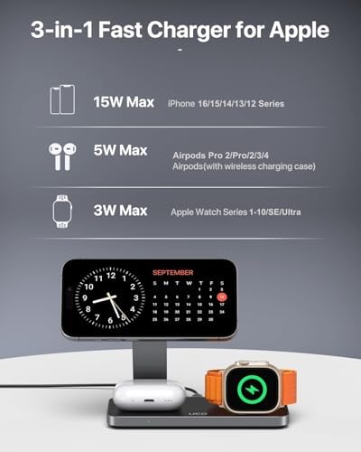 Versatile Foldable 3-in-1 Wireless Charging Station for Apple Devices – Mag Safe Compatible Charging Dock for i Phone 16, 15, 14, 13, 12, Air Pods Pro, and Apple Watch Ultra – Fast, Efficient, and Compact Design in Sleek White Finish