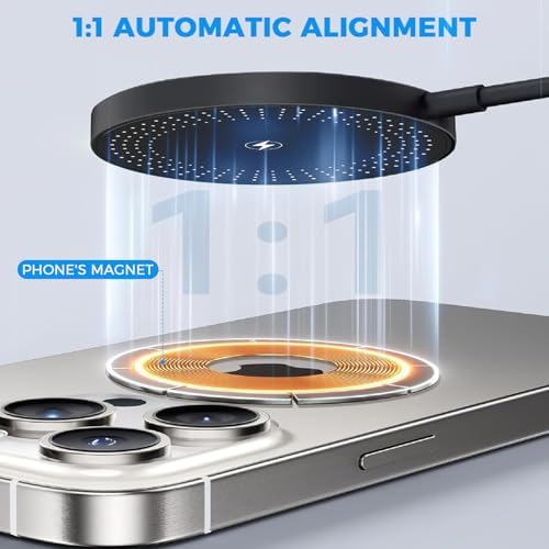 Revolutionary 15 W Magnetic Wireless Charger Pad with Intelligent Temperature Control – Fast, Safe Charging for i Phone 16/15/14/13/12 Series and Air Pods Pro – Optimal Battery Life Extension and Strong Magnetic Alignment – Ideal for Seamless Usage While Charging – Includes USB-A to USB-C Adapter – Black