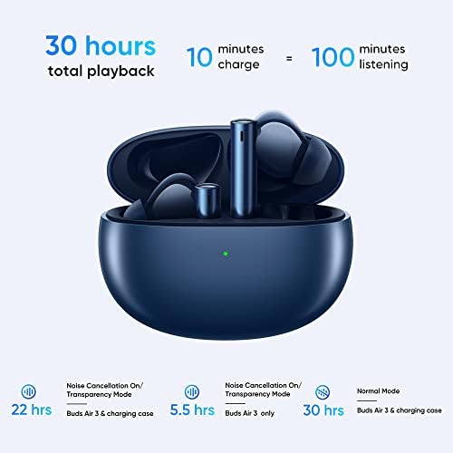 Unleash Superior Sound with realme Buds Air 3 Wireless Earbuds – Advanced Active Noise Cancellation, Enhanced 10 mm Dynamic Bass, and 30 Hours of Continuous Playtime in Striking Lemans Blue – IPX5 Water-Resistant Design for Ultimate Durability and Comfort During Workouts – Effortless Device Compatibility for Professionals and Audio Enthusiasts Seeking Quality and Style