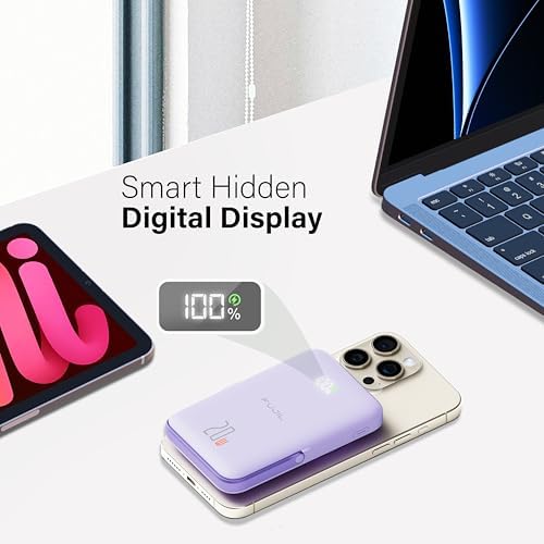 10,000 m Ah Magnetic Power Bank with Metal Kickstand, Ultra-Fast 20 W Charging, LED Battery Indicator, USB-C & Mag Safe Compatibility – Ideal for i Phone 15/14/13/12 Pro Series and Android Devices, Lightweight Design for On-the-Go Convenience