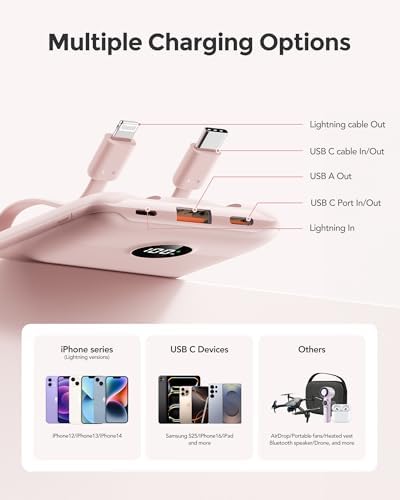 Ultra-Slim 10,000 m Ah Mini Power Bank with Built-in Cables – 22.5 W Fast Charging USB-C Battery Pack for i Phone 16/15/14 and Samsung Galaxy 24/23 – Essential Travel Charger for On-the-Go Power Needs