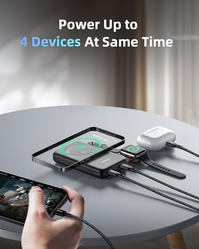 Ultra-Fast 4-in-1 Magnetic Power Bank: 10,000 m Ah Wireless Charger for i Phone 12/13/14/15/16 Series & Apple Watch – Convenient USB-C 20 W PD Charging for Busy Lifestyles – Compact Portable Power Solution for On-the-Go Energy Needs