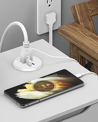 Revolutionize Your Workspace with the 2-Inch Desk Power Grommet Featuring PD 20 W USB-C Fast Charging, Ultra-Flat Plug Design, and Recessed Outlet for Seamless Cable Management – Perfect for Home or Office Use with 6 ft Power Cable (White)