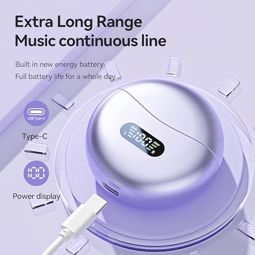 Chic Purple Wireless Bluetooth 5.4 Clip-On Earbuds for Women – Open Ear Design Enhances Comfort and Safety, Ideal Waterproof Fitness Headphones for Gym, Daily Commutes, and Leisure – Extended Battery Life & Superior Connectivity for Seamless Audio Experience