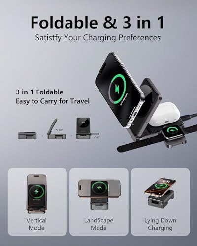 Next-Gen Qi2 15 W 3-in-1 Magnetic Wireless Charger for Apple Devices – Ultra-Fast Charging Station for i Phone 16/15/14/13/12, Apple Watch, and Air Pods – Compact, Foldable, and Lightweight Design for Travel – Includes 45 W USB-C Power Adapter and Type-C Cable – Effortlessly Eliminate Cable Clutter with Enhanced Compatibility and Speed