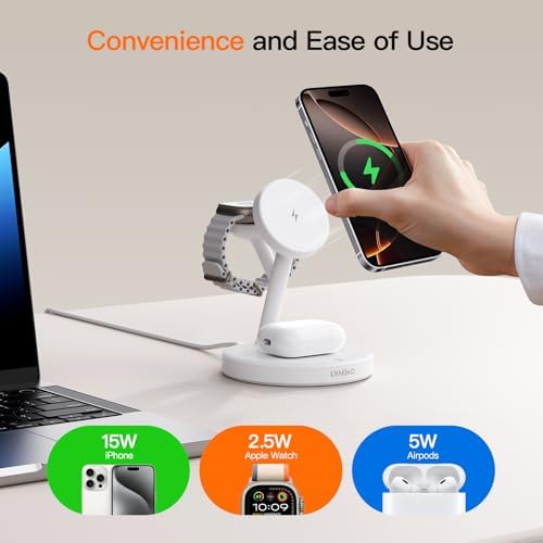 2025 US Edition 3-in-1 Wireless Charging Station for Apple: High-Speed 15 W Mag-Safe Charger Dock for i Phone 16/15/14/13/12, Air Pods, and Apple Watch – Superior Compatibility and Fast Charging Solution