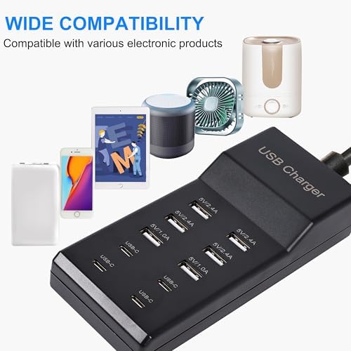 10-Port USB Charging Station – Fast Charging Dock with 6 USB-A & 4 USB-C Ports for Phones, Tablets, and Smartwatches – Sleek White Multi-Device Charger for Home and Office Efficiency