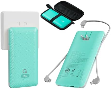 Ultimate Brand Q 10000 m Ah Portable Charger with Built-in Cables and AC Wall Plug – Fast Charging Power Bank with USB-C, Triple Output Ports for i Phone, Tablet & All Smartphones – Perfect Travel Companion for On-the-Go Charging