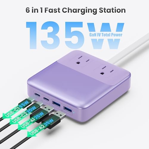 High-Power 135 W Ga N USB C Charging Hub – 6-in-1 Power Station with 2 AC Outlets, 2 USB-A & 2 USB-C Ports, 5 ft Cord, Ideal for PD 65 W Laptop Charging (Mac Book Air/Pro, i Phone 16/15, Galaxy S24) – Fast, Efficient, Universal Device Charger for Home and Travel