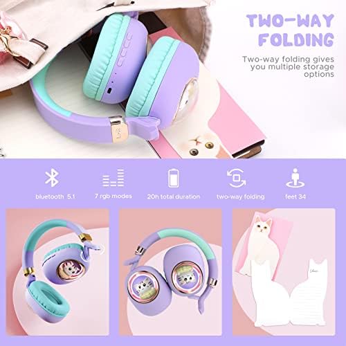 Vibrant Purple Cat-Themed Bluetooth Headphones for Kids – Fun Over-Ear Design with LED Lights and Built-In Microphone – Perfect for School, Tablets, and Endless Playtime – Ideal Birthday Gift for Girls and Toddlers