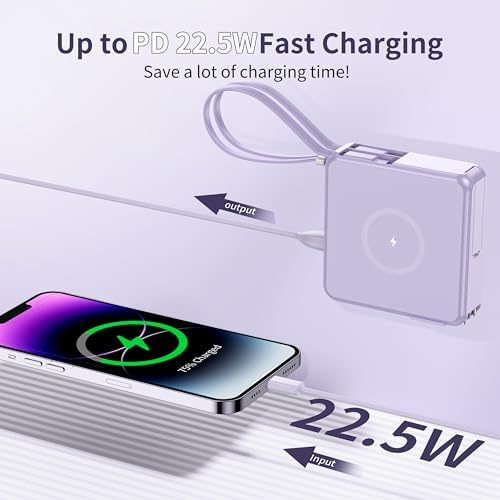 Ultimate 10,000 m Ah Portable Charger with Built-in Cables & AC Plug – PD 22.5 W Fast Wireless Power Bank for i Phone 16/15/14, Samsung S23/S22, Android Devices – Effortless Charging Anytime, Anywhere