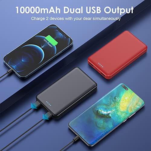 Ultra-Slim 10000 m Ah Portable Power Bank – Dual USB Outputs & USB-C Input, Compact External Charger for i Phone 12/13, Samsung S20, Tablets – Stylish Black and Red Design for Maximum Portability and Enhanced Device Compatibility