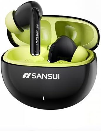 SANSUI Bluetooth 6.0 Noise Cancelling Earbuds – Premium Waterproof Audio Solution with Deep Bass, 20-Hour Battery, and Quick Pairing for Ultimate Comfort in Workouts and Daily Use (Black Green) – Elevate Your Listening Experience with Ergonomic Design and Advanced Sound Isolation
